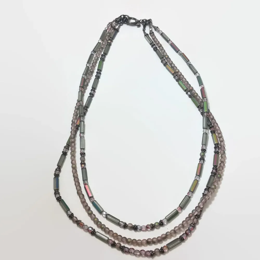 Gray Iris Tube & Round Bead Multi-Strand Necklace With Silver Tone Bead Caps
